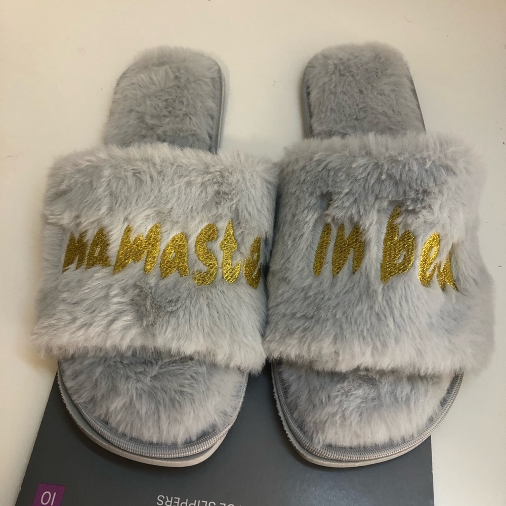 Namaste in Bed Gray Fuzzy Slippers with Gold Lettering